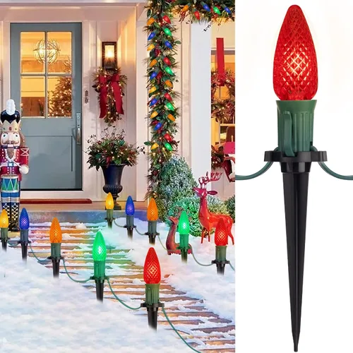 Miniatura 12 de Tira de luces LED estilo sendero de Navidad para exteriores; tira de 20 luces LED C9 con carcasa de fresa y estaca, interconectables, luz cálida