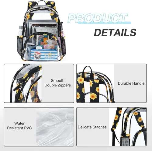 Miniatura 5 de LIGHT FLIGHT Mochila grande transparente con correas acolchadas reforzadas, mochila transparente de PVC resistente, bolsas transparentes