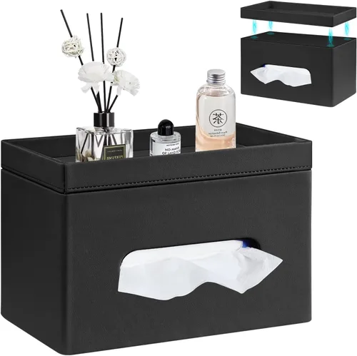 Miniatura 10 de YAPISHI Caja de pañuelos grande rectangular con almacenamiento de bandeja, soporte de pañuelos faciales de piel sintética, se adapta a 230