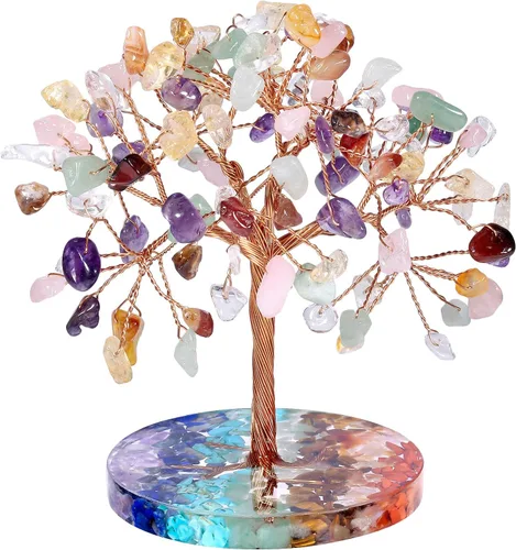 Miniatura 12 de rockcloud Árbol de dinero de alambre de cobre de cristal aguamarina con base redonda de resina colorida, árbol de piedra bonsái hecho a mano