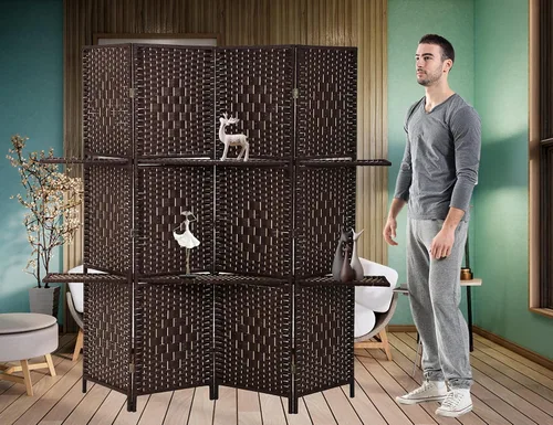 Separadores de habitación de madera de 4 paneles con estantes, pantallas de privacidad plegables, pantalla de partición portátil, 6 pies de alto y