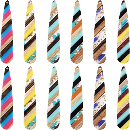 Miniatura 22 de Beadthoven - Dijes de madera de resina para bricolaje, colgantes de aretes de lágrima multicolor, triángulo, círculo redondo, rombo, barra
