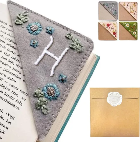 Miniatura 86 de Marcapáginas de esquina bordado a mano personalizado, 26 letras con costura a mano de fieltro, marcapáginas de esquina con bordado de flores lindo