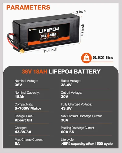 Miniatura 4 de Batería de litio de 48V/52V 25Ah LiFePO4 incorporada 50A BMS para motor 0-1200W
