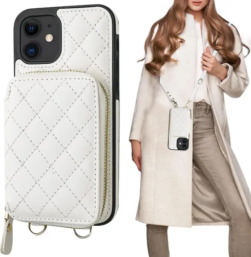 Bocasal Funda tipo cartera cruzada para iPhone 12/12 Pro, bloqueo RFID, de piel sintética, con cremallera, bolso cartera con tapa plegable, funda