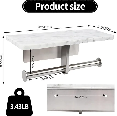 Miniatura 4 de Soporte de papel higiénico con estante de mármol natural para baño, soporte de pañuelos montado en la pared adecuado para rollo mega