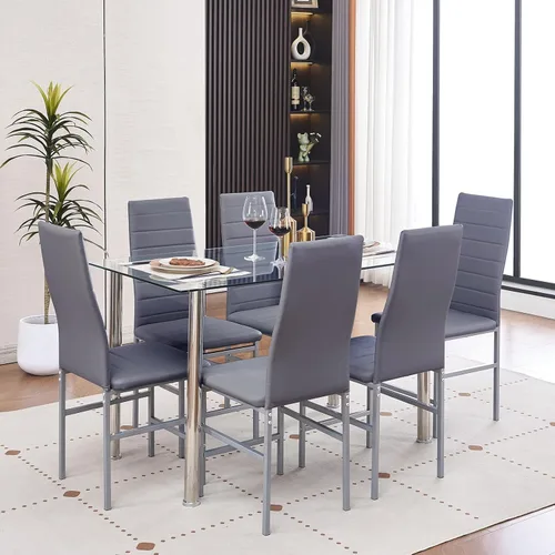 Miniatura 11 de Juego de mesa y silla de comedor de 7 piezas, juego de mesa de comedor para 6 mesas de cocina con 6 sillas, mesa rectangular de vidrio con 6 sillas