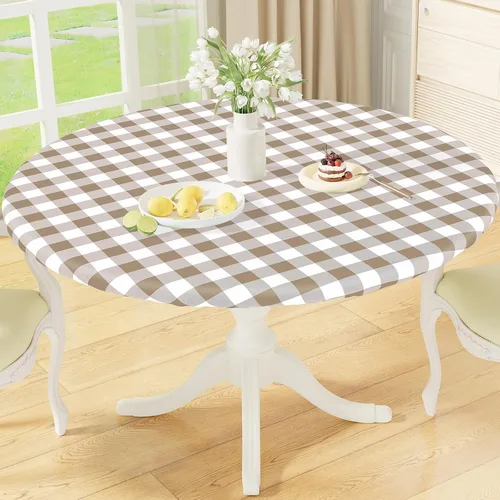 Miniatura 10 de misaya Mantel redondo ajustable con borde elástico, mantel de vinilo impermeable a cuadros de búfalo con parte trasera de franela para mesas