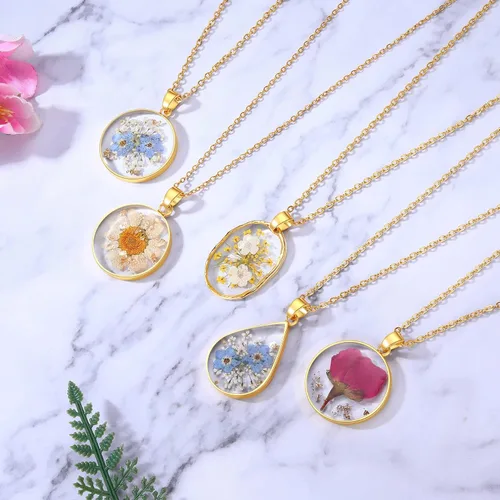 Miniatura 15 de Forget-Me-Not and Queen Anne's Lace Pressed Wildflower Necklace Birth Month Real Flower Necklace Gold/Silver Pressed Flower Jewelry
