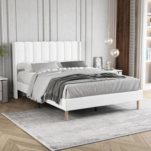 Miniatura 19 de Marco de Cama Tapizada de Plataforma Tamaño Full con Cabecero, Soporte de Listones de Madera Resistentes, No Necesita Somier, Montaje Fácil, Beige