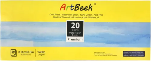 ArtBeek Bloque de papel de acuarela, 3.9 x 9.8 pulgadas, bloque de acuarela, 20 hojas, 100% algodón, prensa en frío, 140 libras, 10.58 oz/m²