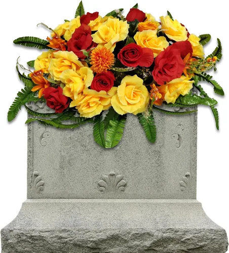 Sillín de flores de lápida, flores artificiales de cementerio para tumba, arreglo de mezcla de rosas rojas y amarillas realistas para decoraciones
