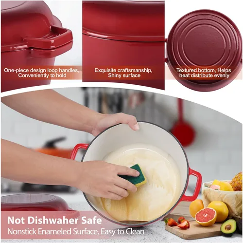Miniatura 7 de TeamFar Horno holandés de hierro fundido esmaltado 2 en 1, olla holandesa de 5 cuartos de galón con tapa de sartén para hornear pan, estofado, Rojo