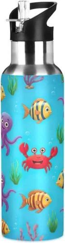 Stainless Steel Water Bottle 20 Oz, Leakproof Water Bottles for Gym Outdoor Travel School, Cute Colorful Cartoon Fish