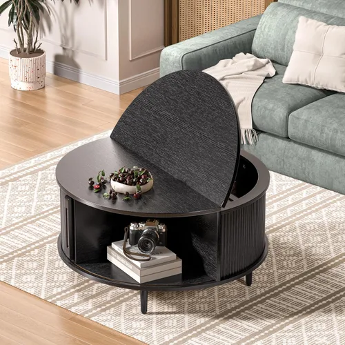 Miniatura 4 de Mesa auxiliar redonda, mesa central acanalada de 31.5 pulgadas con almacenamiento, mesa de centro elevable con almohadillas ajustables, puerta Negro