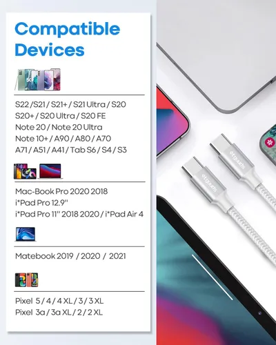 Miniatura 7 de etguuds Cable USB C a USB C blanco de 1 pie, paquete de 2 cables USBC a USBC de 60 W, cable de carga tipo C a C, cable de carga rápida para iPhone