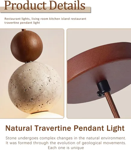 Miniatura 5 de Lámpara colgante de travertino amarillo natural, 10.6 pulgadas de alto, moderna lámpara colgante Wabi Sabi con 3 esferas de materiales diferentes