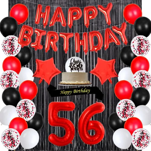 Juego de fiesta de cumpleaños número 56, color rojo, kit de decoración para mujeres con pancarta de feliz cumpleaños, adorno "56", banda, confeti,