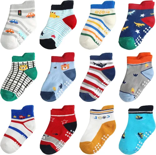 Miniatura 22 de Calcetines antideslizantes con agarre para tobillos, paquete de 12 unidades para niños pequeños, niños y niñas, lindos calcetines de algodón