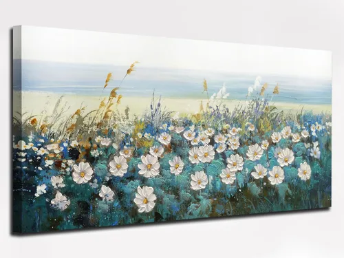 Miniatura 12 de Arjun Lienzo artístico para pared de árbol de la vida para sala de estar, pintura de árbol azul y verde azulado, 50% pintada a mano, imagen