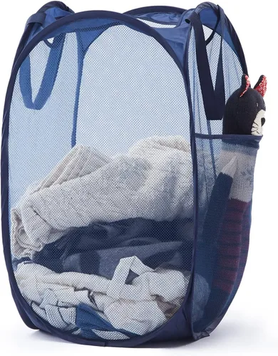 Miniatura 21 de TECHMILLY Cesta plegable de malla para la ropa sucia con asas resistentes y bolsillo lateral, cestas plegables portátiles para ropa para dormitorio