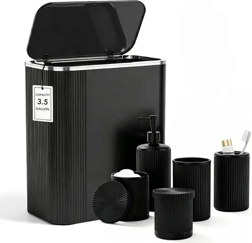 Miniatura 16 de Accesorios de baño verdes 5 piezas con bote de basura (negro, 5 imágenes)