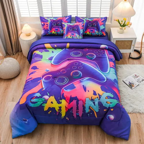 Miniatura 6 de Aimuan Juego de edredón de videojuegos para niños, conjunto de ropa de cama para niños, consola de videojuegos, botones de acción, novedoso y Morado