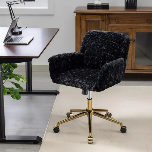 Miniatura 4 de Henf Silla de escritorio tapizada en piel sintética negra para maquillaje con base dorada, silla giratoria de oficina, silla de computadora