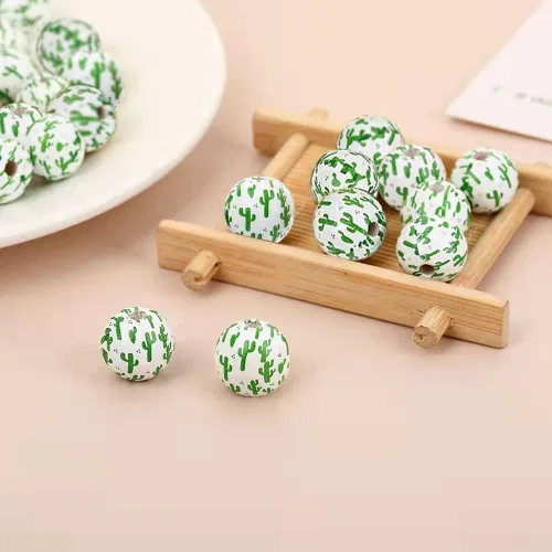 Miniatura 6 de Metulip 100 cuentas de madera con patrón de cactus, cuentas redondas naturales pulidas de 0.63 pulgadas para manualidades, manualidades, llavero