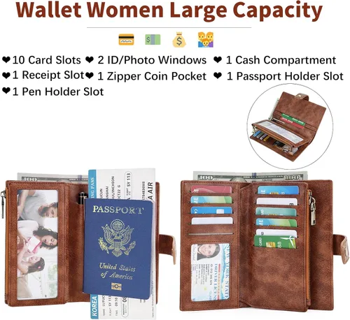 Miniatura 2 de GOIACII Cartera de viaje para mujer, con bloqueo RFID, triple pliegue, con bolsillo con cremallera para monedas, A01 café, Classic