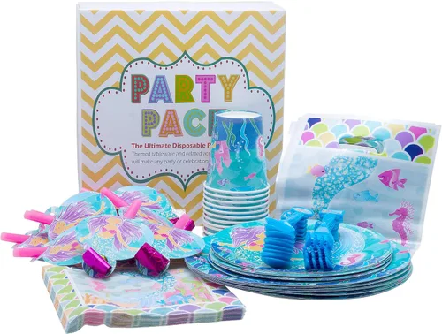 Miniatura 9 de Paquete de fiesta temática de sirena, platos de papel desechables, vasos, servilletas, tenedores, cucharas, bolsas de regalo y sopladores de fiesta