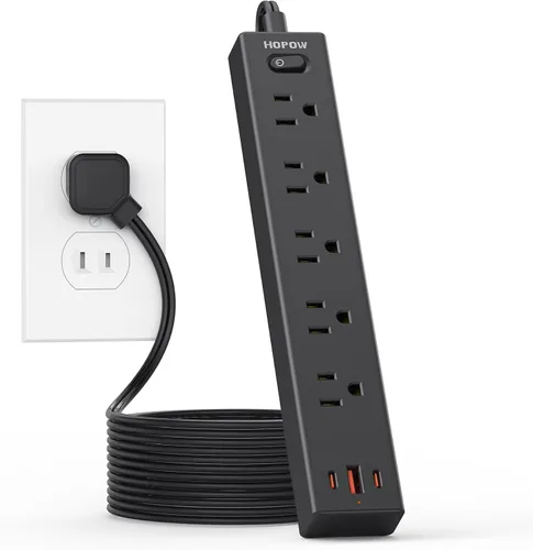Miniatura 12 de HOPOW Regleta de alimentación con enchufe plano, cable de extensión plano ultra delgado de 6 pies, protector contra sobretensiones con 5 salidas y 3