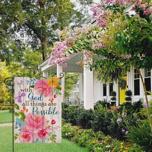 Miniatura 7 de Artofy con Dios todo es posible Bandera decorativa cristiana para el hogar, jardín, primavera, verano, peonía religiosa, casa, patio, decoración al