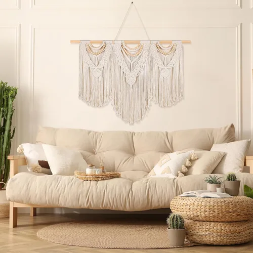 Miniatura 4 de Newwiee Tapiz de macramé grande de 43 x 32 pulgadas para colgar en la pared con barra, decoración bohemia para pared, decoración bohemia con borlas