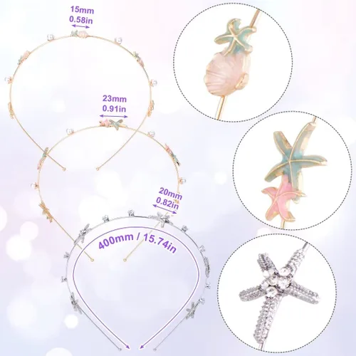 Miniatura 3 de HINZIC 3 diademas de estrella de mar con diamantes de imitación hechas a mano con perlas y conchas de sirena, aros de cristal para el cabello