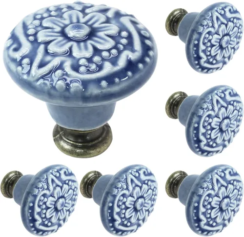 Miniatura 18 de Biaungdo 12 piezas de pomos y tiradores de gabinete de cerámica vintage redonda en azul claro para cajón, armario, puerta de armario