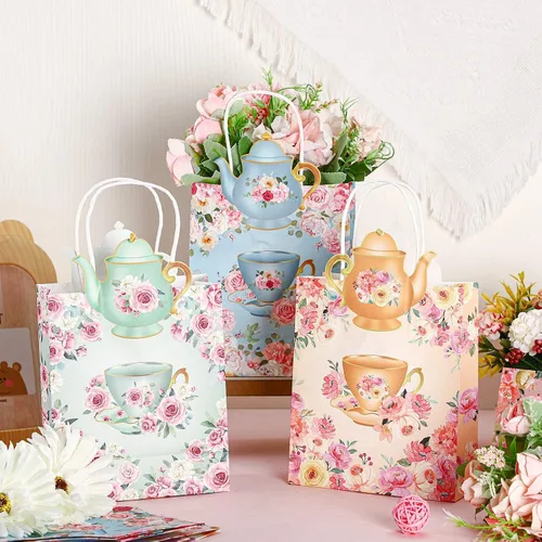 Miniatura 5 de Lincia Paquete de 24 bolsas de regalo de fiesta de té, decoraciones de tazas de té, bolsas florales para golosinas con asas y diseño de tetera