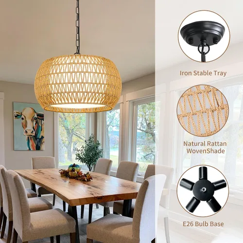 Miniatura 3 de Lámpara de araña de casa de campo, lámparas de araña de ratán boho para comedor, luces colgantes grandes para isla de cocina, lámparas colgantes