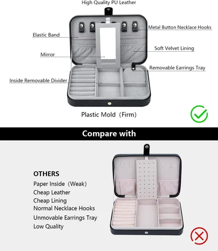 Miniatura 53 de Joyero pequeño, joyero de viaje portátil para mujer, mini organizador de viaje de 2 capas, regalo para mujeres y niñas, negro A