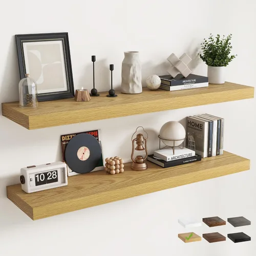 Miniatura 32 de Estantes flotantes para pared con soportes invisibles, estantes de madera de ingeniería montados en la pared con grano de madera para sala de estar