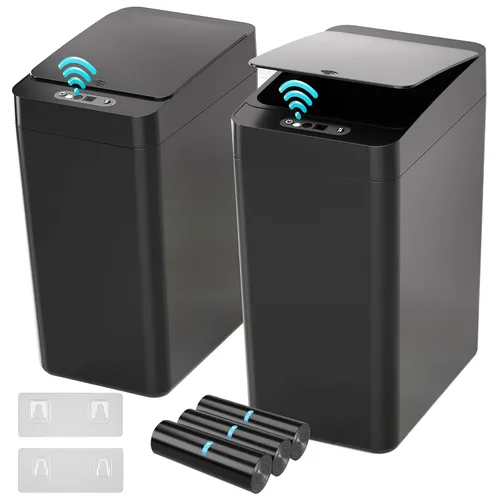 kaylowe - Cubo de basura automático para baño de 2.6 galones, juego de 2 cubos de basura pequeños sin contacto, con sensor de movimiento delgado,