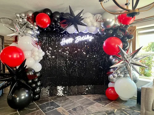 Miniatura 3 de Kit de arco de globos rojos, negros y blancos, 201 piezas de guirnalda de globos de látex con estrella explosiva roja, negra, blanca y plateada