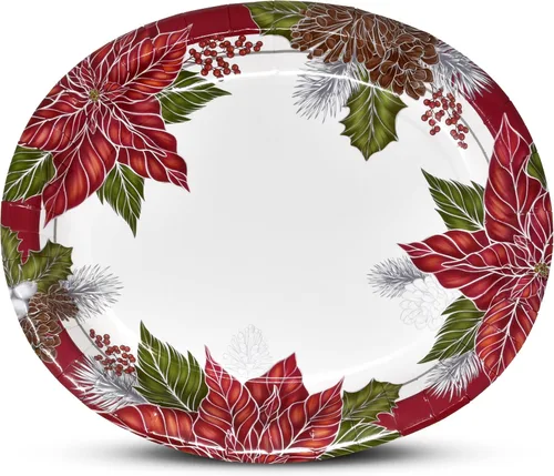Gift Boutique 50 Unidades Platos Ovalados de Follaje de Flor de Pascua Navideña de 10" x 12" – Bandejas de Papel Navideñas para Fiestas y Reuniones