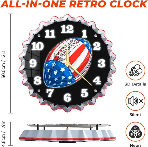 Miniatura 4 de Reloj de pared de fútbol, reloj de pared deportivo de 12 pulgadas, diseño de tapa de botella de cerveza vintage, impresionante efecto de brillo 3D
