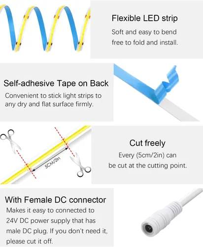 Miniatura 4 de ALITOVE Tira de Luces LED COB de 24V Blanco Luz de Día 32.8ft 6500K Súper Brillante Cortable Tiras de Luces LED 480leds/M CRI90+ Cinta de Luz LED