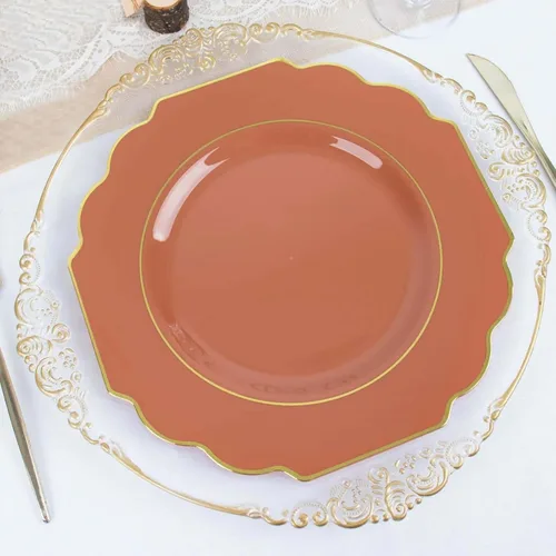 Miniatura 14 de Efavormart - Paquete de 10 platos de postre de plástico color rosa canela de 8 pulgadas, con borde dorado barroco, platos de ensalada desechables