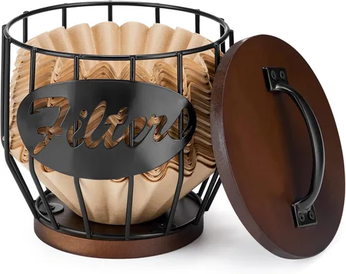 Yangbaga Soporte para filtro de café con tapa de madera, cesta de almacenamiento de filtro de café de madera y metal para filtros de café de 2 a 4