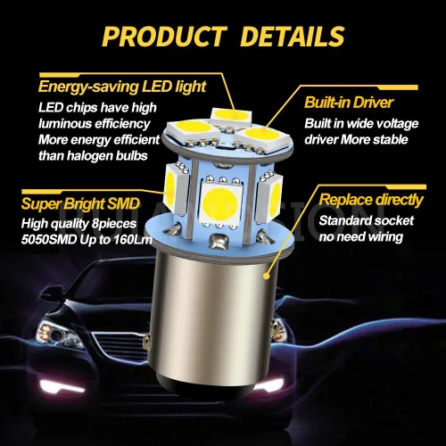 Miniatura 4 de Ruiandsion 2 unids 6V 1157 Bombillas LED 5050 8SMD Chipsets 6000K Blanco para Backup Reverse Lights Luces traseras
