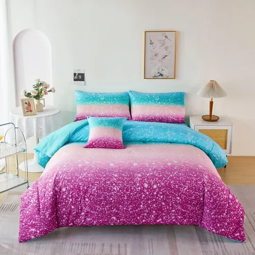 Miniatura 14 de URBONUR Juego de 6 piezas de edredón con brillo degradado para niñas, tamaño completo, ropa de cama de galaxia azul para niños, juego de edredón