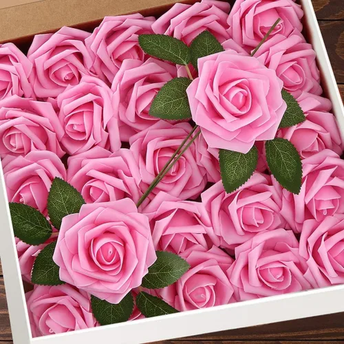 Miniatura 9 de Higfra Flores artificiales, 25 rosas falsas de espuma de aspecto real con tallos para ramos de boda, centros de mesa de despedida de soltera, Brillo